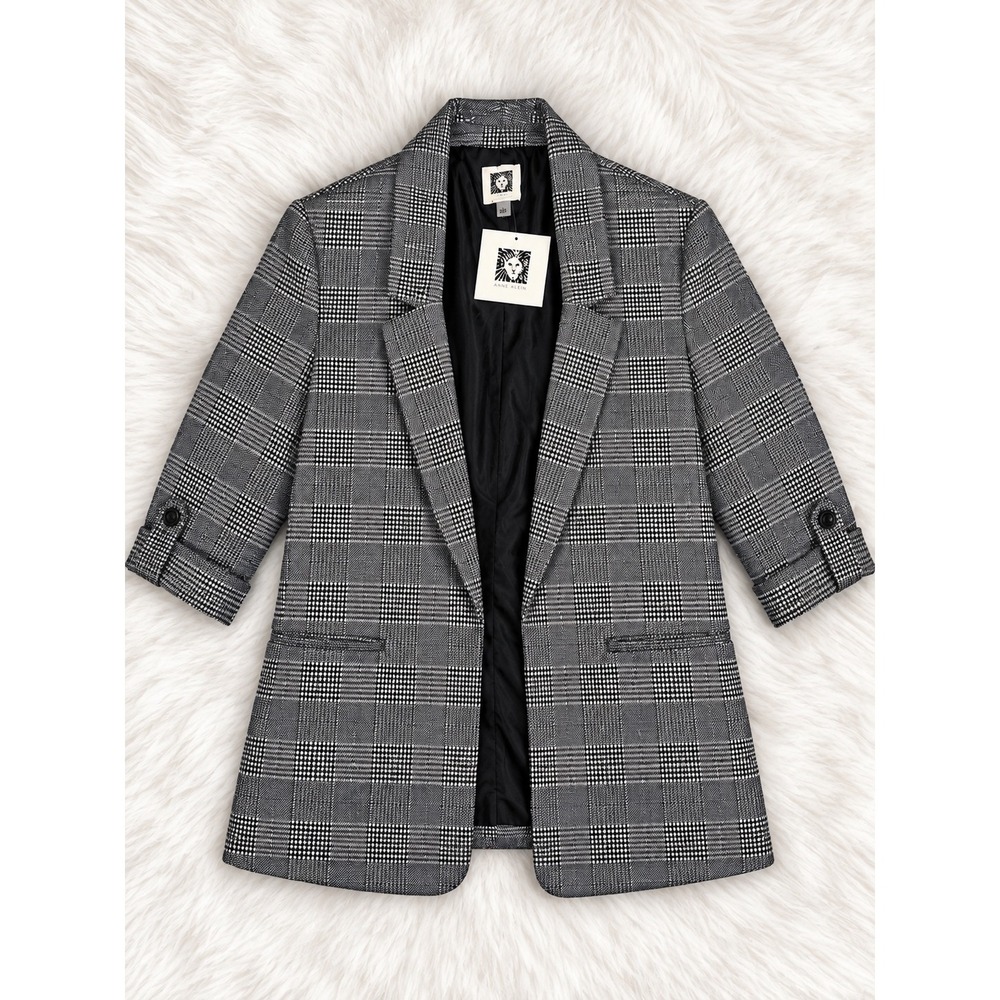 Anne Klein Glen Plaid Metallic Blazer NWT Black White Tailored Workwear L
